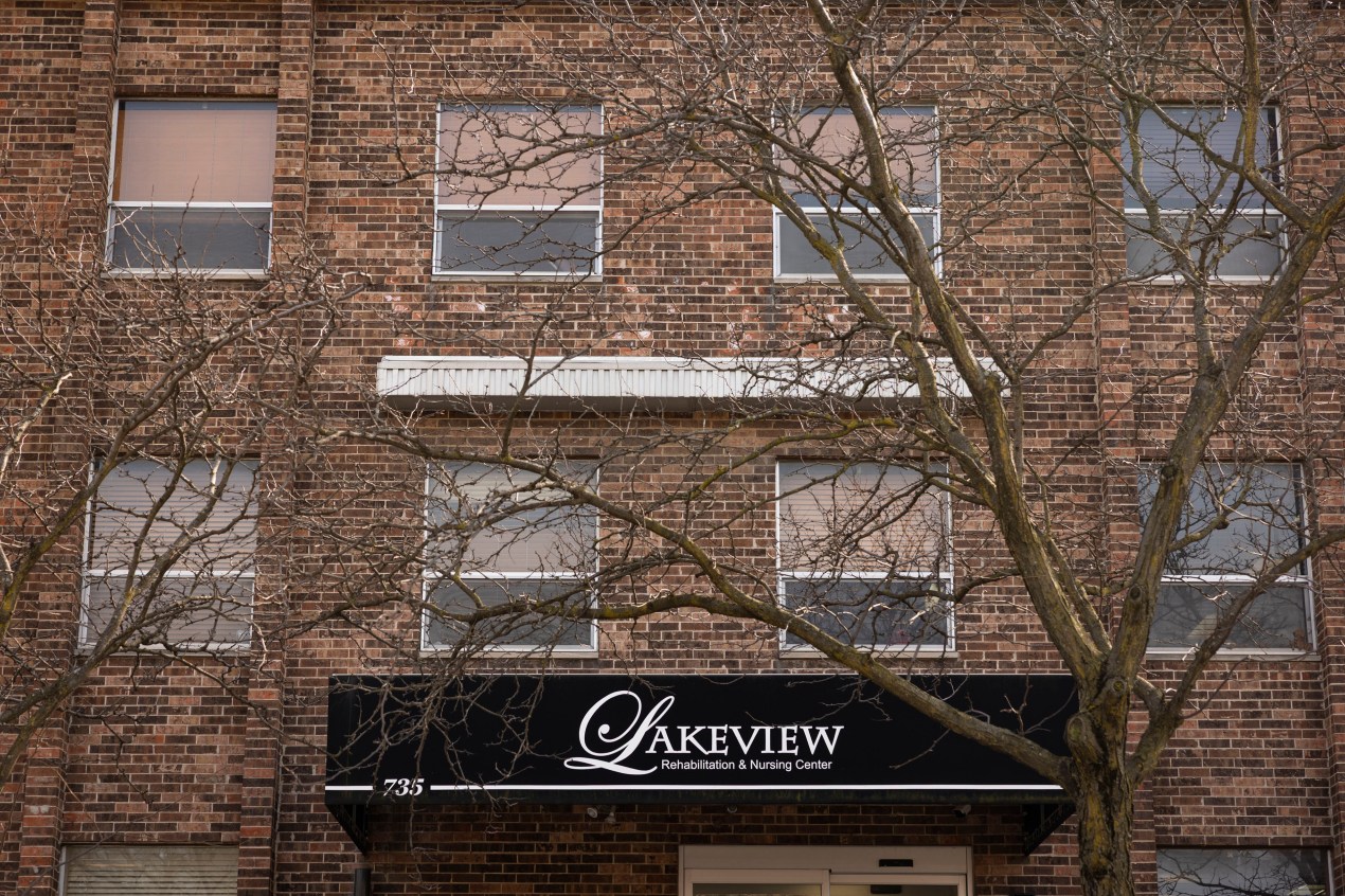 The exterior of a brick building with a sign that says "Lakeview Rehabilitation & Nursing Center"